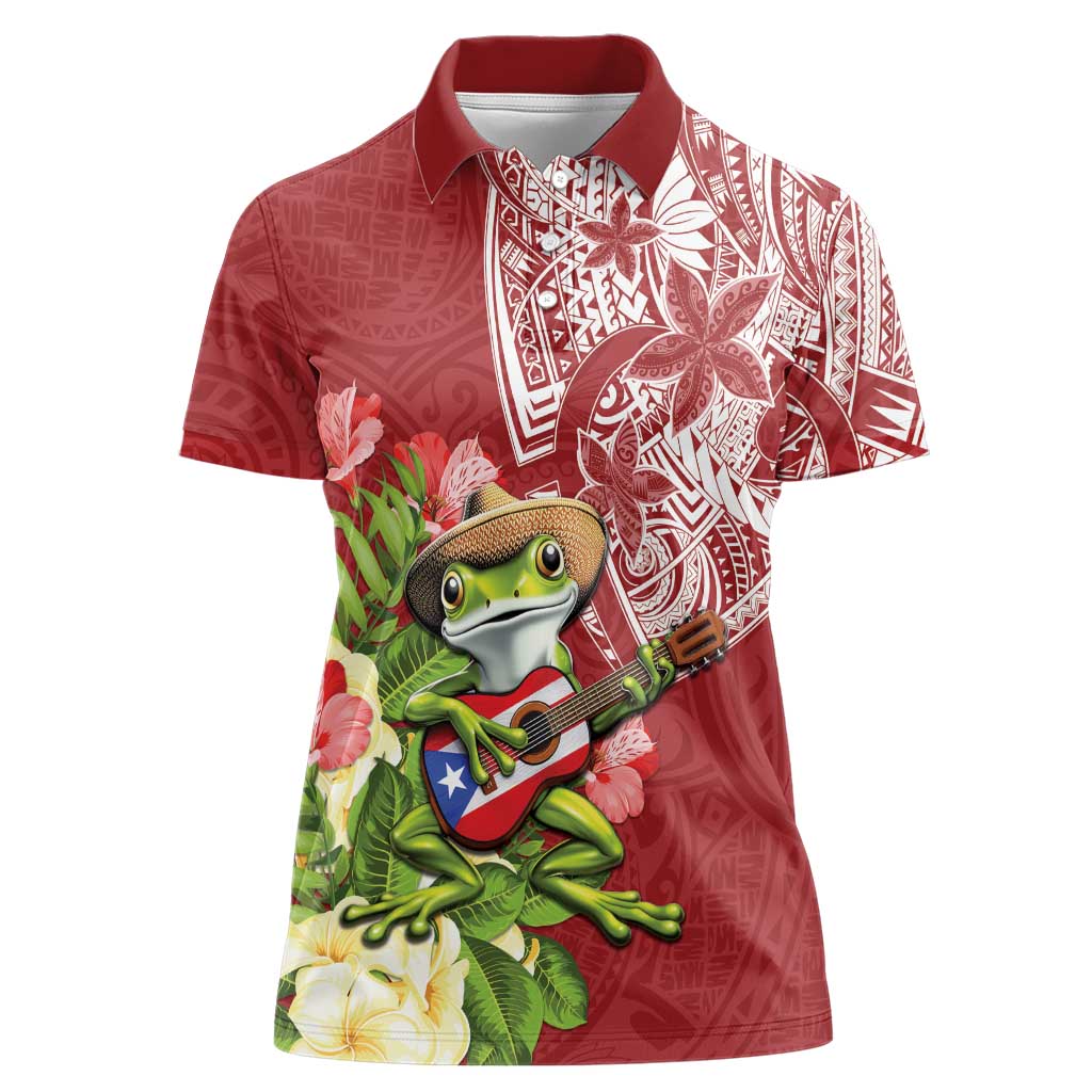 Puerto Rico Coqui Frog Women Polo Shirt Tropical Flowers Polynesian Style LT05 Female Red - Polynesian Pride