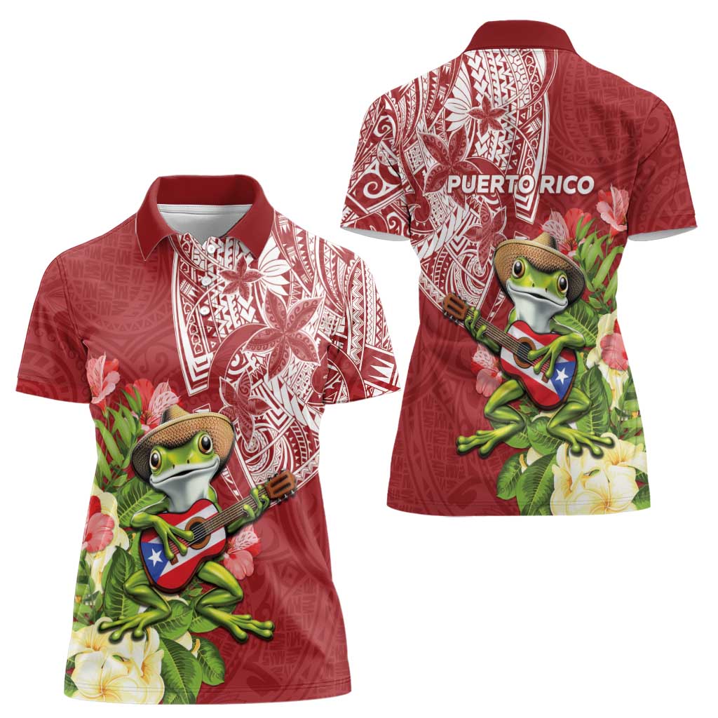 Puerto Rico Coqui Frog Women Polo Shirt Tropical Flowers Polynesian Style LT05 - Polynesian Pride