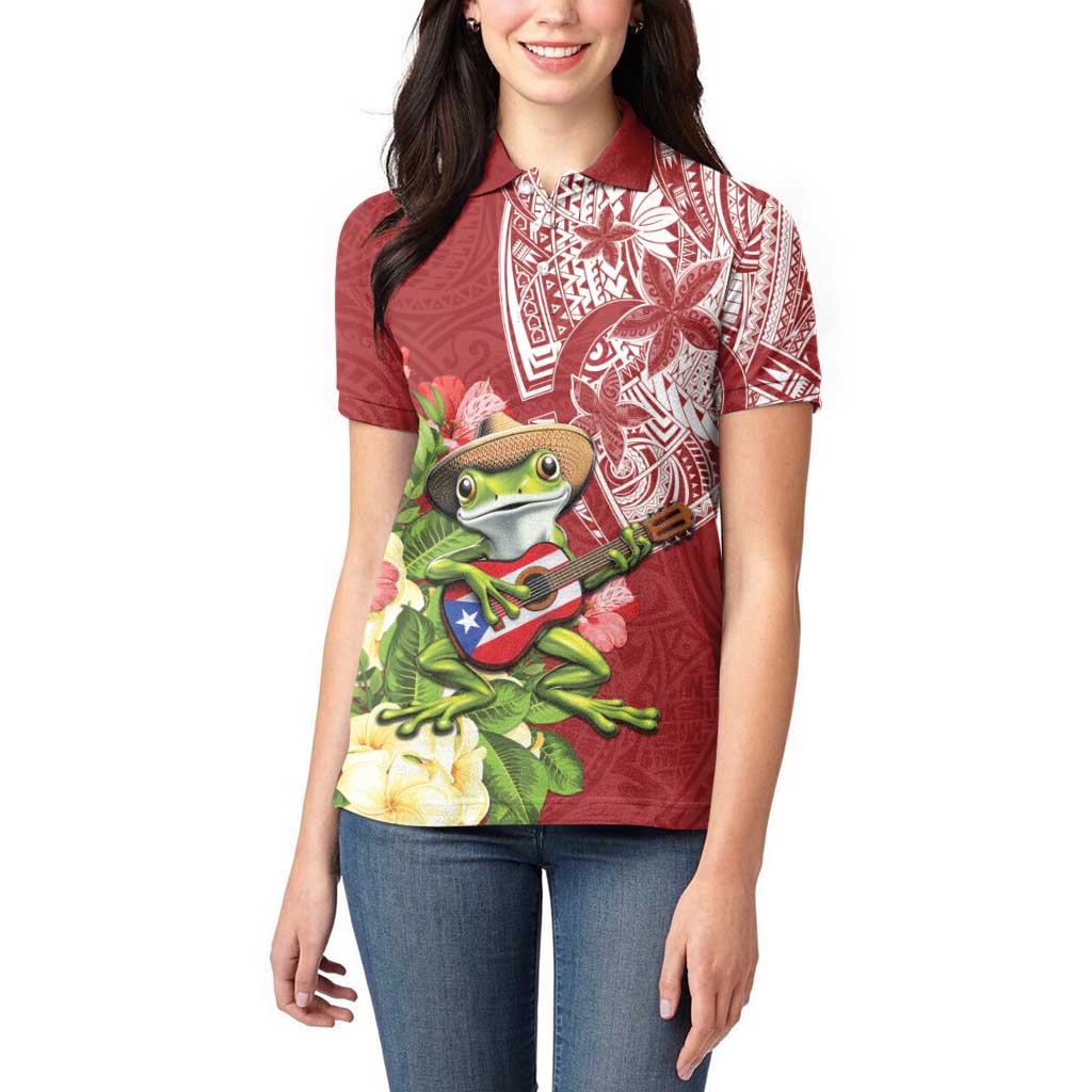Puerto Rico Coqui Frog Women Polo Shirt Tropical Flowers Polynesian Style LT05 - Polynesian Pride