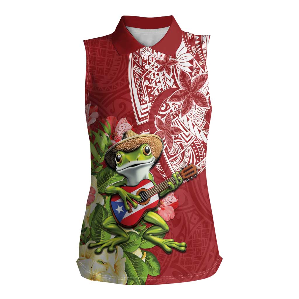 Puerto Rico Coqui Frog Women Sleeveless Polo Shirt Tropical Flowers Polynesian Style LT05 Female Red - Polynesian Pride