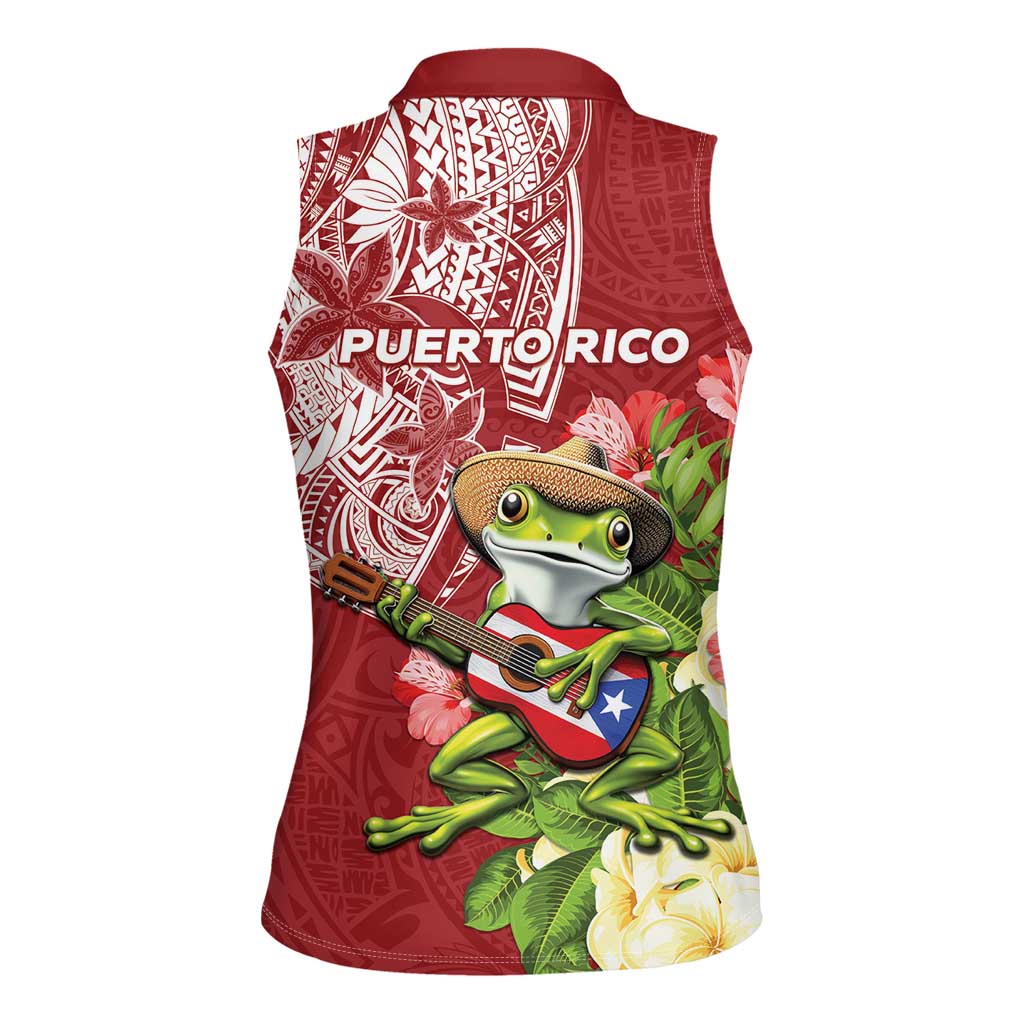 Puerto Rico Coqui Frog Women Sleeveless Polo Shirt Tropical Flowers Polynesian Style LT05 - Polynesian Pride