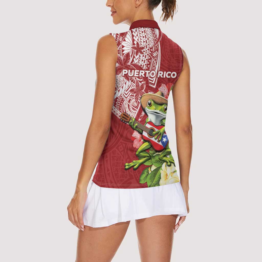 Puerto Rico Coqui Frog Women Sleeveless Polo Shirt Tropical Flowers Polynesian Style LT05 - Polynesian Pride