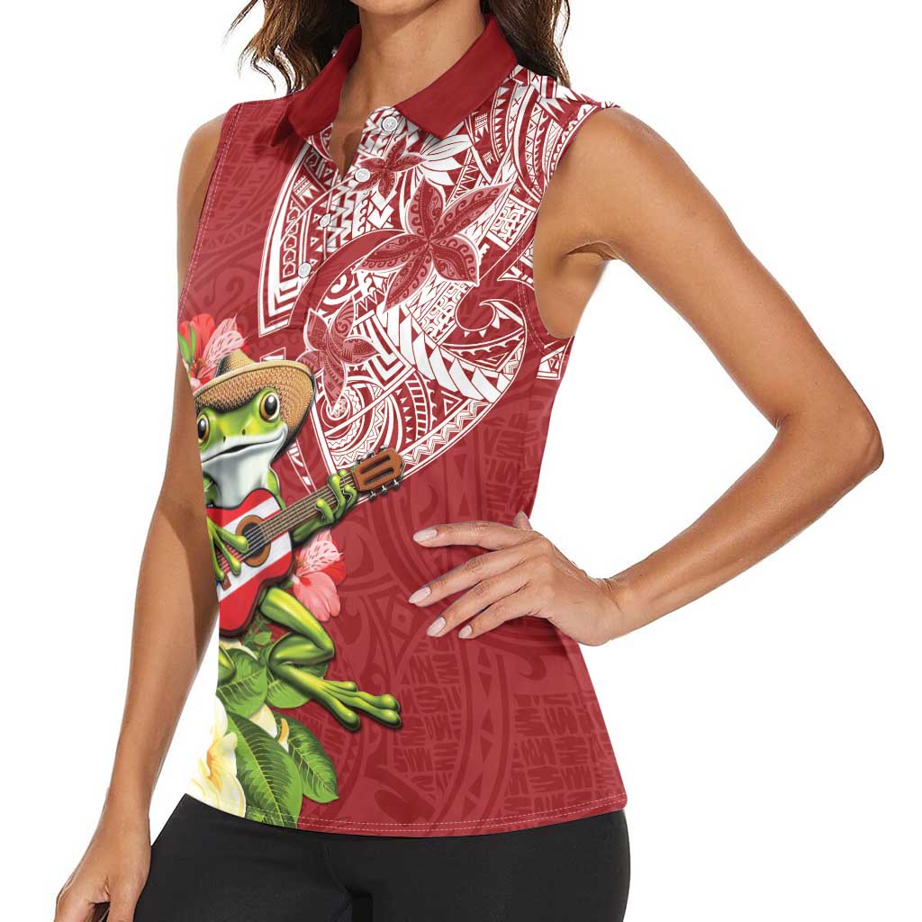 Puerto Rico Coqui Frog Women Sleeveless Polo Shirt Tropical Flowers Polynesian Style LT05 - Polynesian Pride