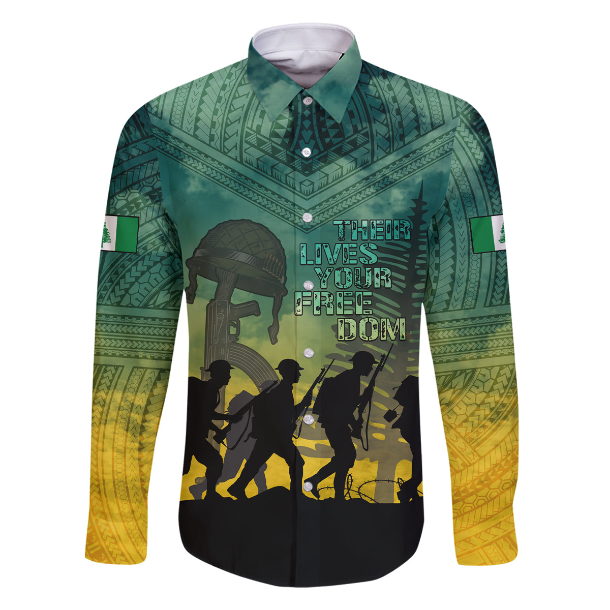 Norfolk Island ANZAC Day Family Matching Off Shoulder Short Dress and Hawaiian Shirt Lest We Forget LT05 Dad's Shirt - Long Sleeve Dark Cyan - Polynesian Pride