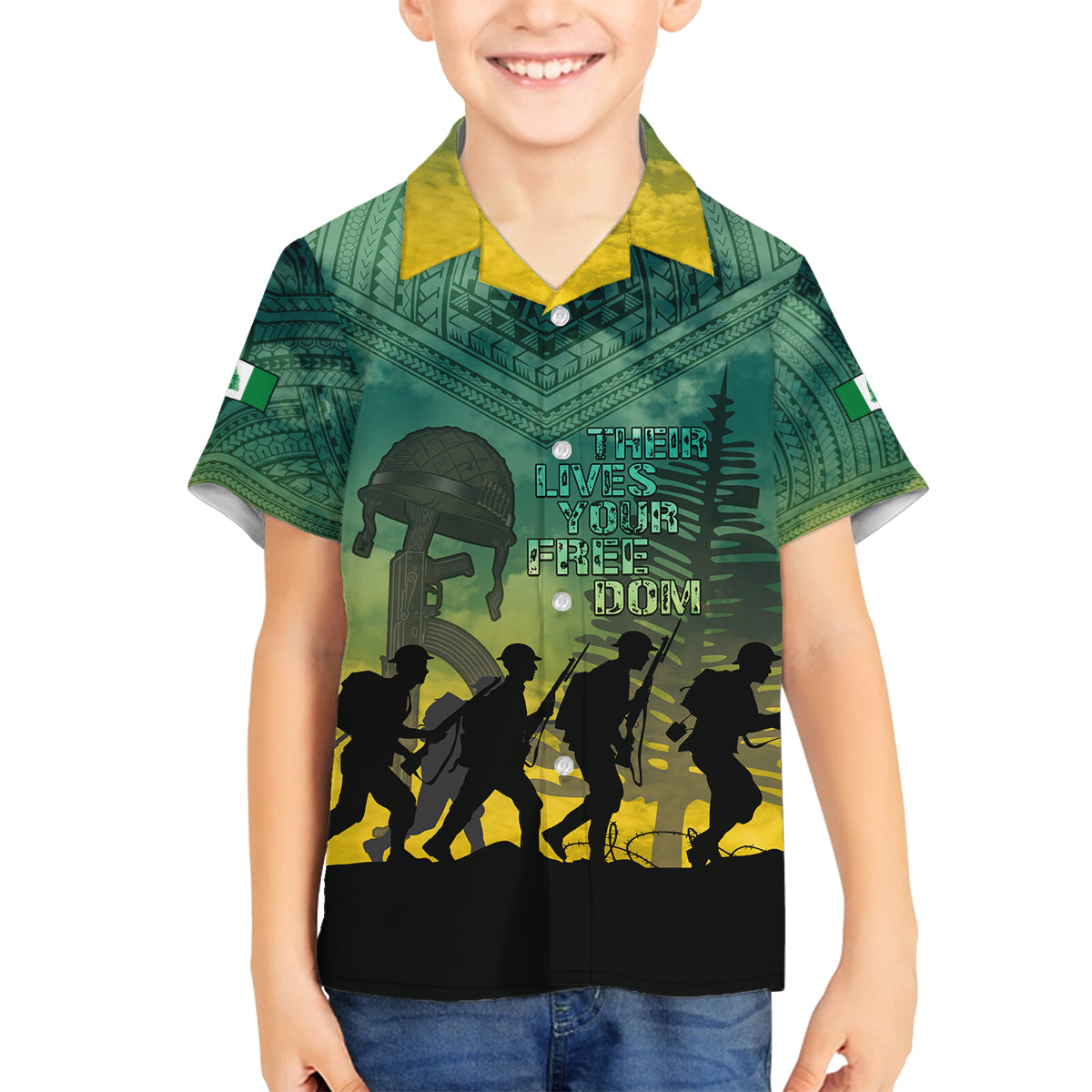 Norfolk Island ANZAC Day Family Matching Off Shoulder Short Dress and Hawaiian Shirt Lest We Forget LT05 Son's Shirt Dark Cyan - Polynesian Pride