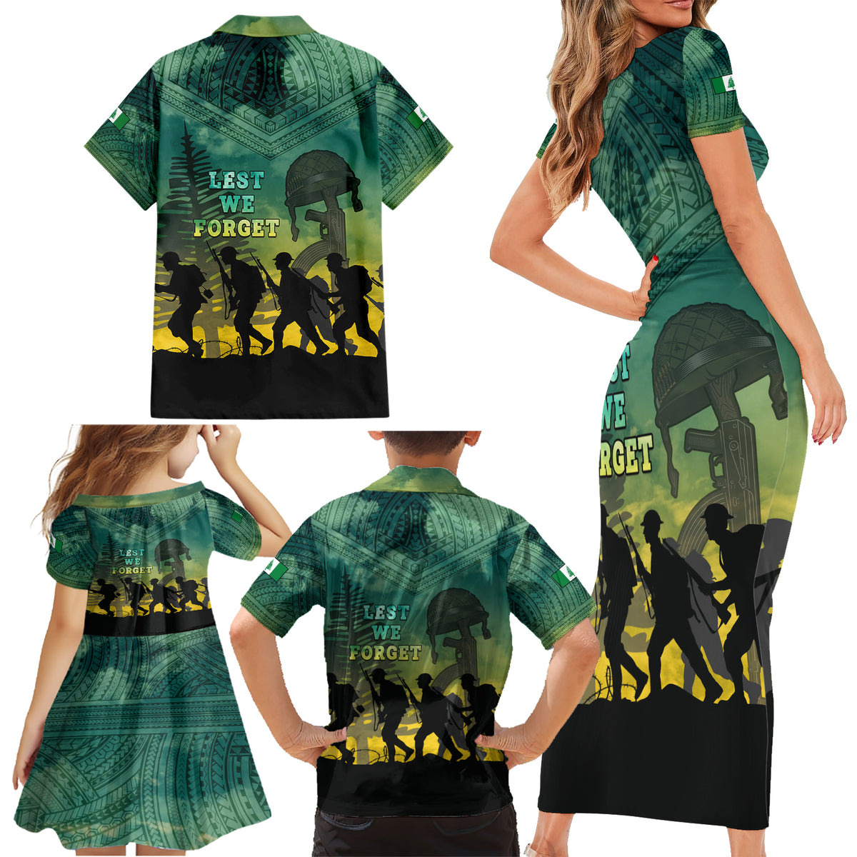 Norfolk Island ANZAC Day Family Matching Short Sleeve Bodycon Dress and Hawaiian Shirt Lest We Forget LT05 - Polynesian Pride