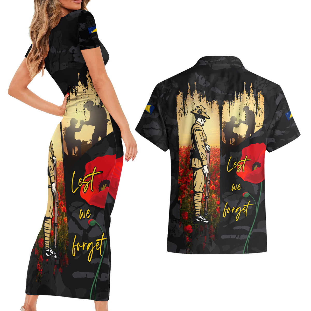 Tokelau ANZAC Day Couples Matching Short Sleeve Bodycon Dress and Hawaiian Shirt Lest We Forget LT05 - Polynesian Pride