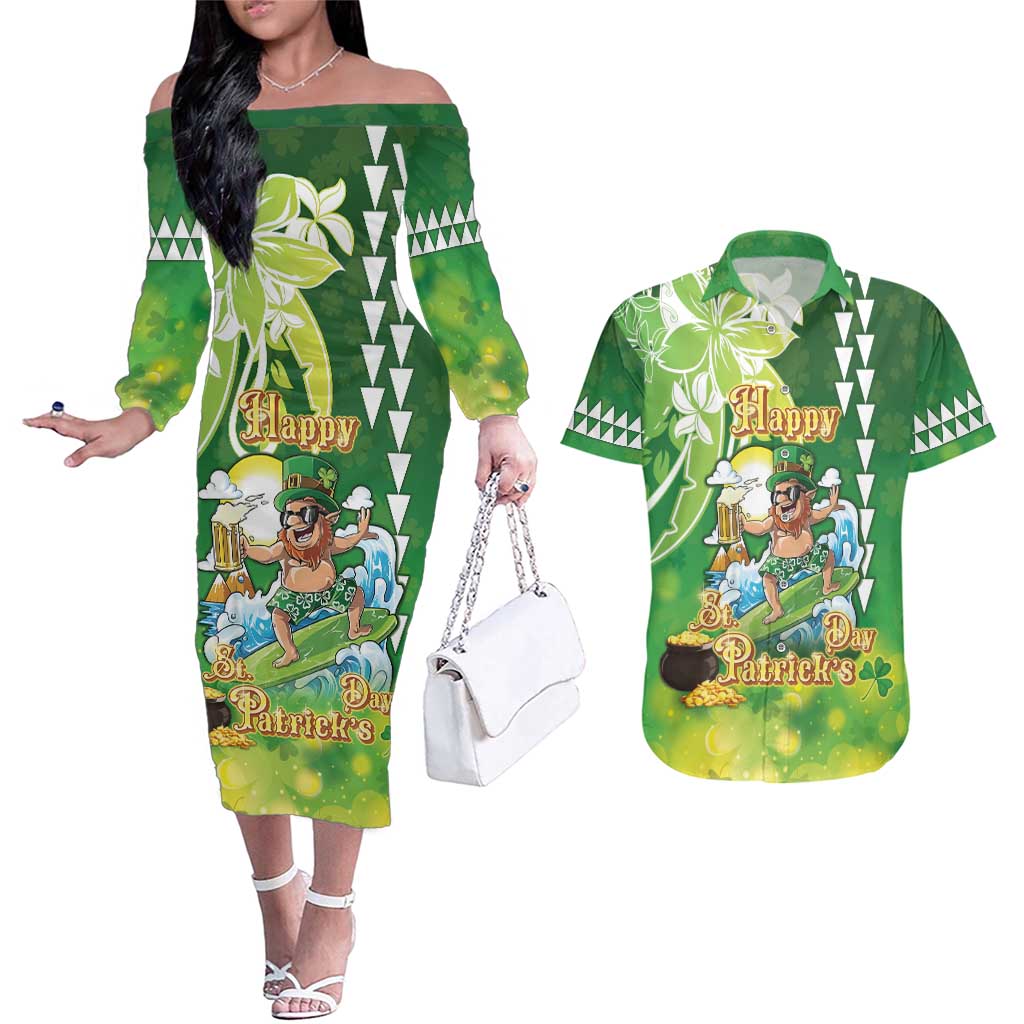 Hawaii Saint Patrick's Day Couples Matching Off The Shoulder Long Sleeve Dress and Hawaiian Shirt Funny Surfing Leprechaun