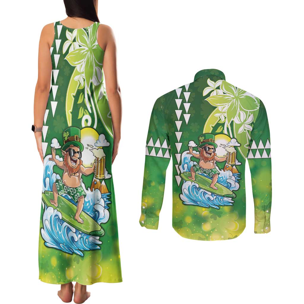 Hawaii Saint Patrick's Day Couples Matching Tank Maxi Dress and Long Sleeve Button Shirt Funny Surfing Leprechaun