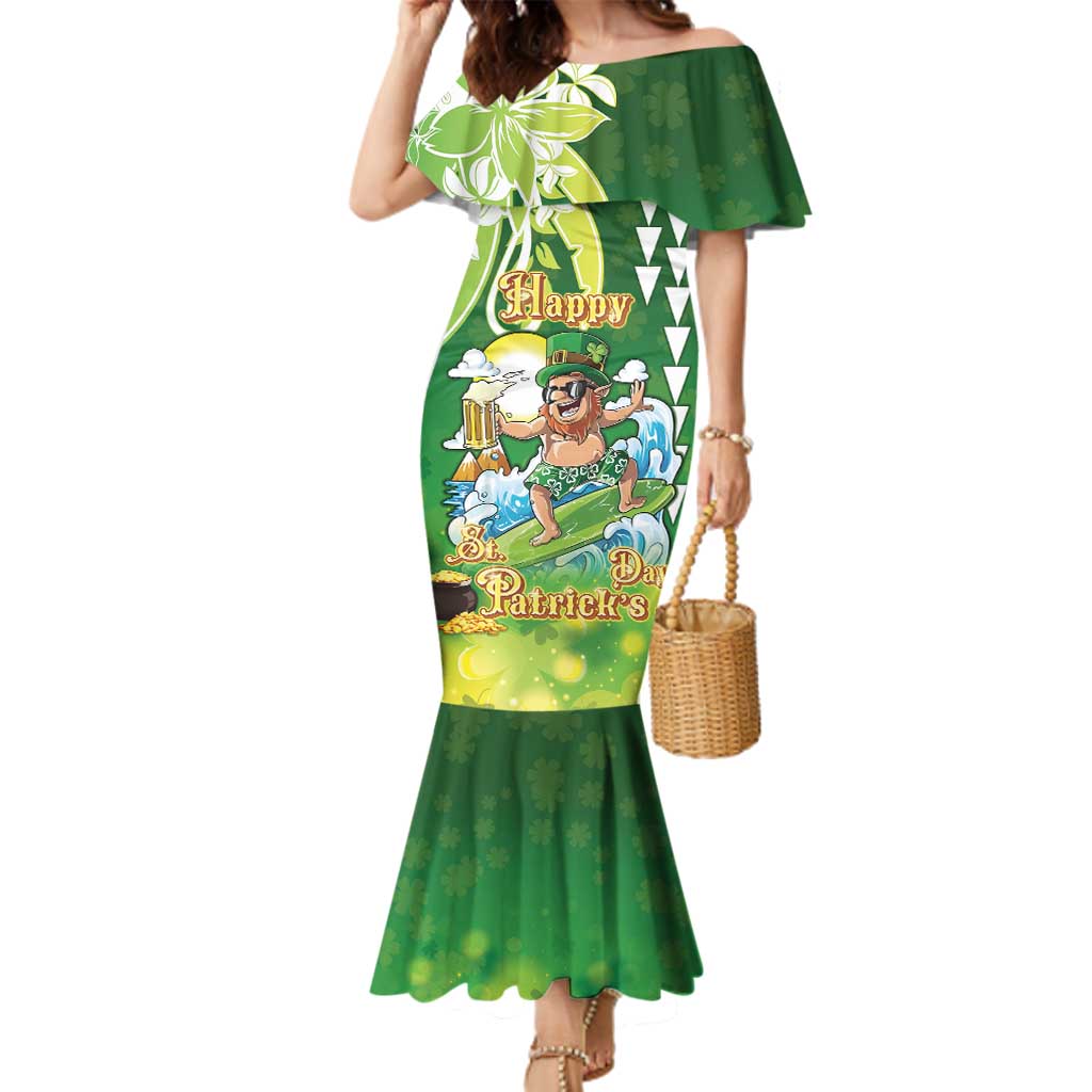 Hawaii Saint Patrick's Day Family Matching Mermaid Dress and Hawaiian Shirt Funny Surfing Leprechaun LT05 Mom's Dress Green - Polynesian Pride