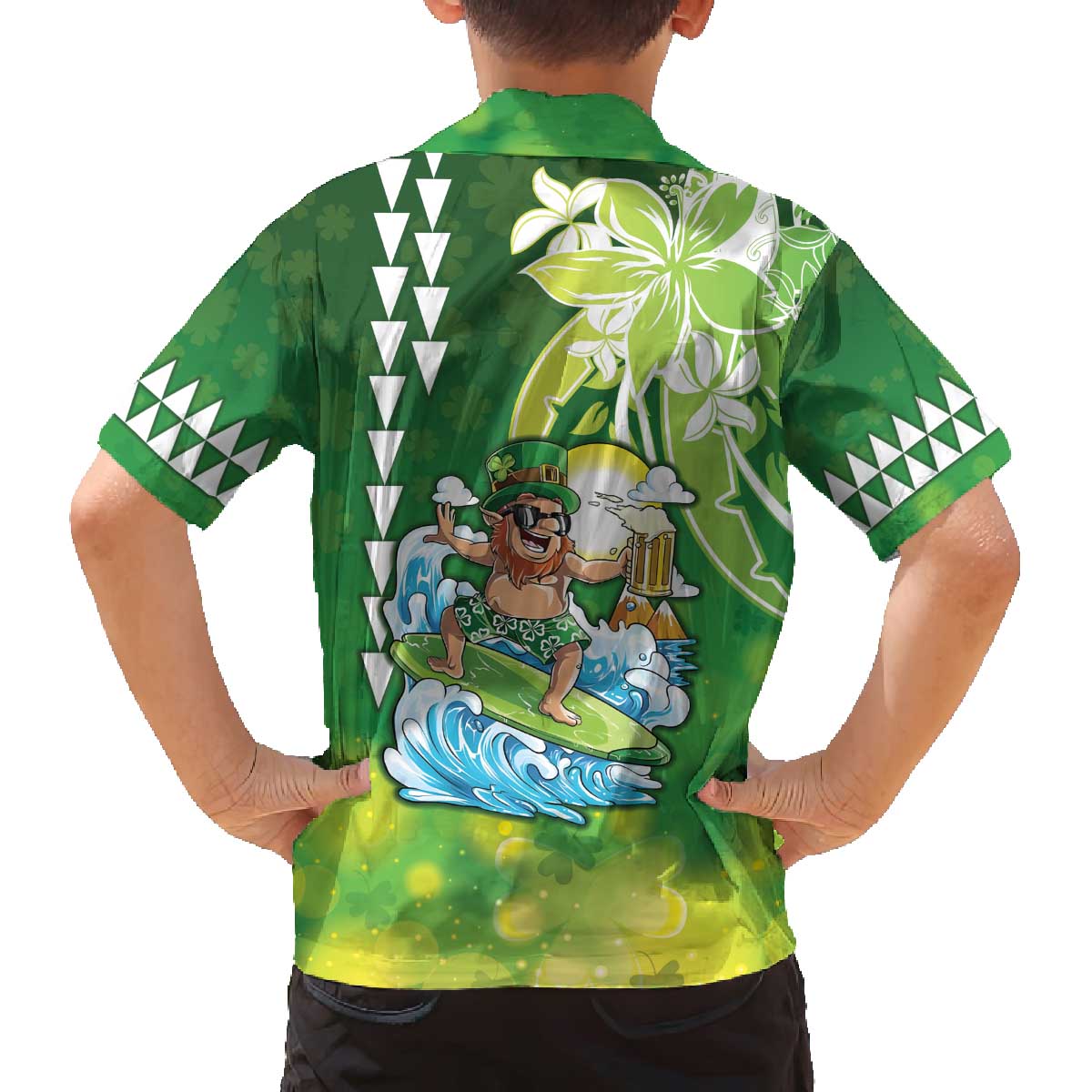Hawaii Saint Patrick's Day Family Matching Off The Shoulder Long Sleeve Dress and Hawaiian Shirt Funny Surfing Leprechaun