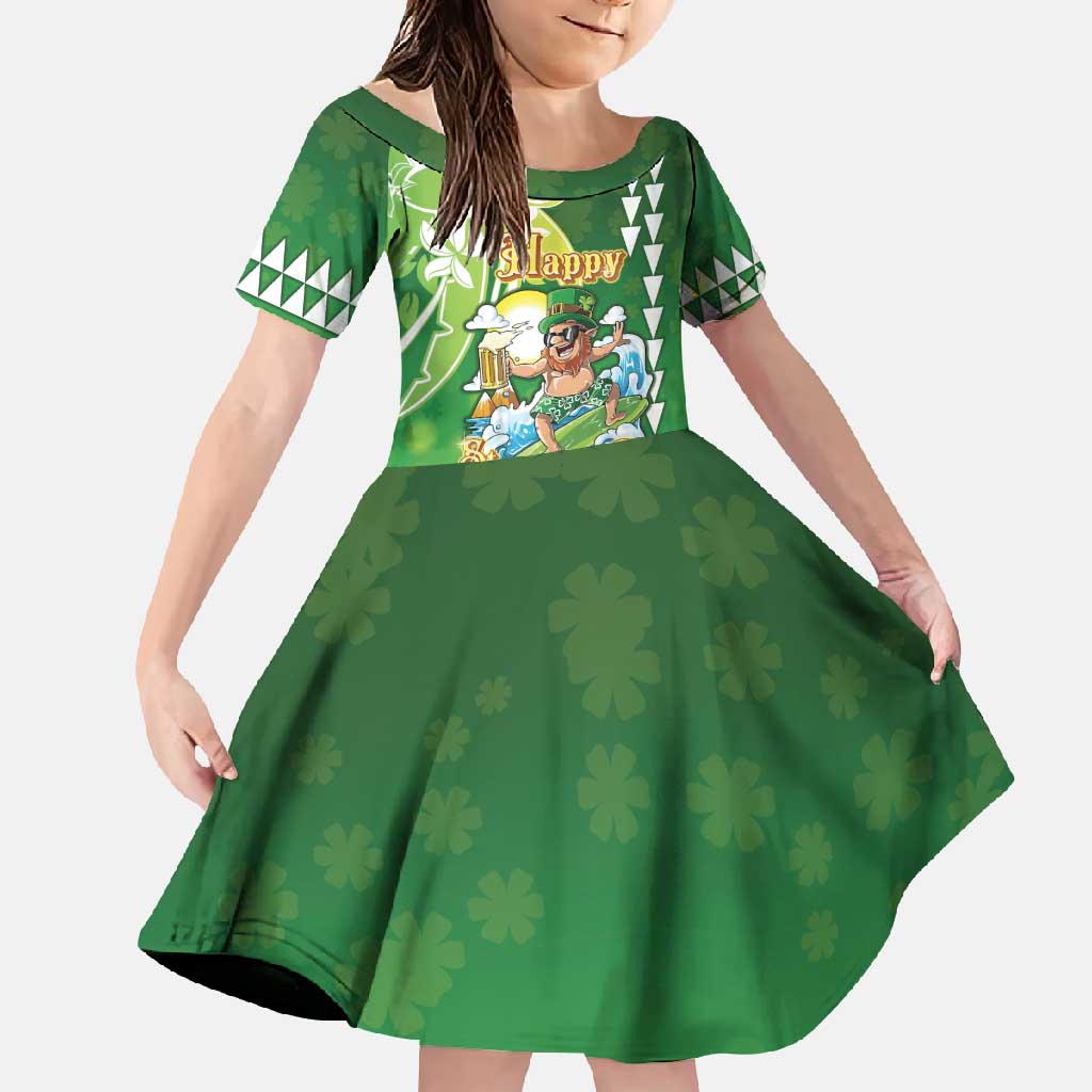 Hawaii Saint Patrick's Day Family Matching Off Shoulder Maxi Dress and Hawaiian Shirt Funny Surfing Leprechaun LT05 Daughter's Dress Green - Polynesian Pride