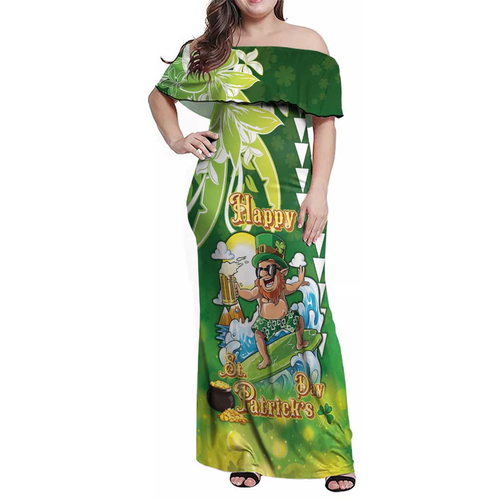 Hawaii Saint Patrick's Day Family Matching Off Shoulder Maxi Dress and Hawaiian Shirt Funny Surfing Leprechaun LT05 Mom's Dress Green - Polynesian Pride