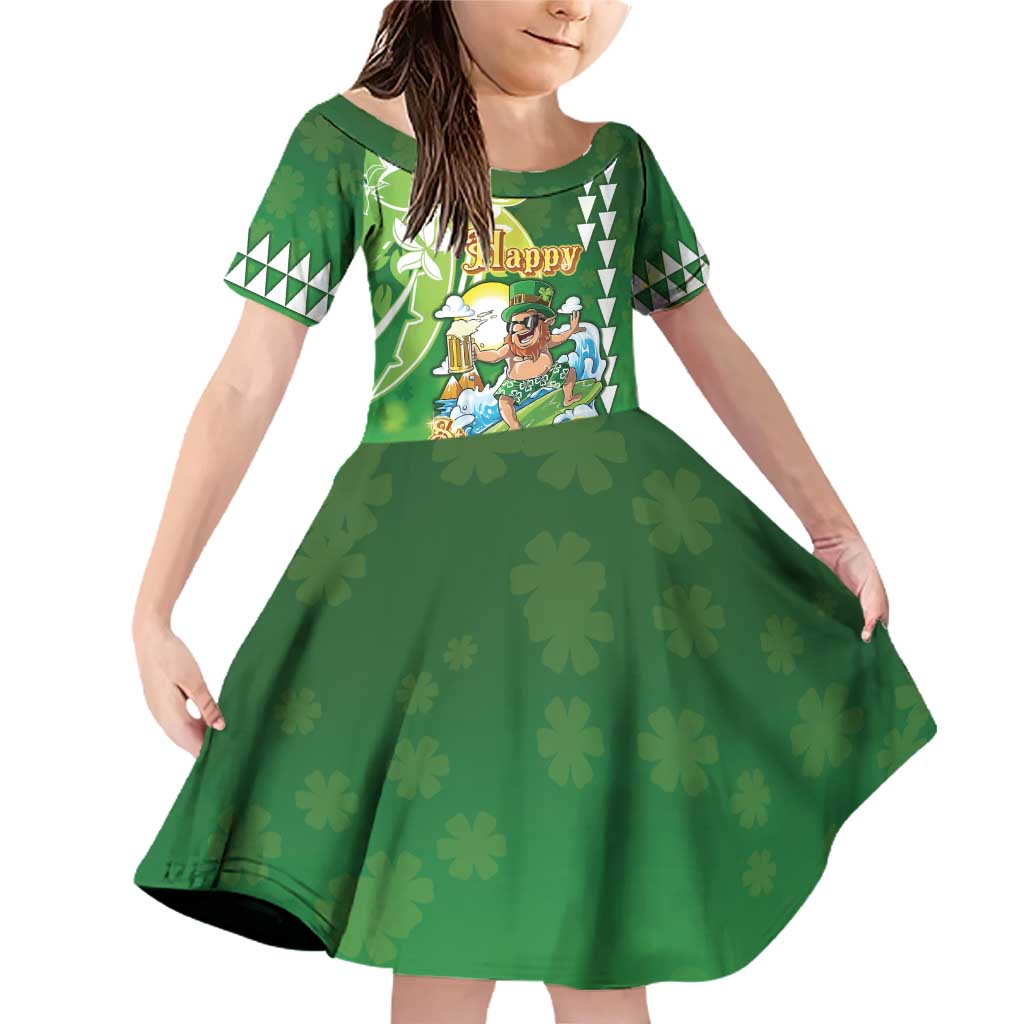 Hawaii Saint Patrick's Day Family Matching Off Shoulder Short Dress and Hawaiian Shirt Funny Surfing Leprechaun