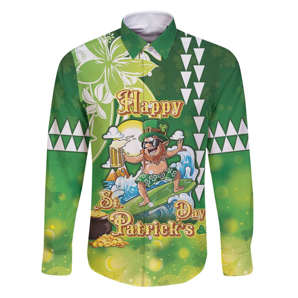 Hawaii Saint Patrick's Day Family Matching Puletasi and Hawaiian Shirt Funny Surfing Leprechaun LT05 Dad's Shirt - Long Sleeve Green - Polynesian Pride