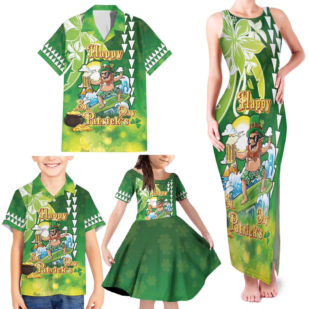 Hawaii Saint Patrick's Day Family Matching Tank Maxi Dress and Hawaiian Shirt Funny Surfing Leprechaun