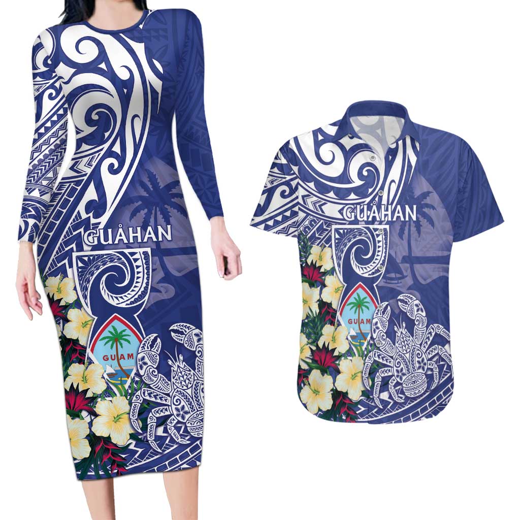 Personalised Hafa Adai Guam Couples Matching Long Sleeve Bodycon Dress and Hawaiian Shirt Latte Stone With Coconut Crab LT05 Blue - Polynesian Pride