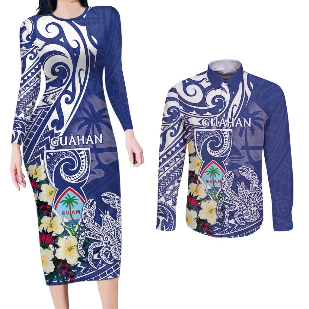 Personalised Hafa Adai Guam Couples Matching Long Sleeve Bodycon Dress and Long Sleeve Button Shirt Latte Stone With Coconut Crab LT05 Blue - Polynesian Pride