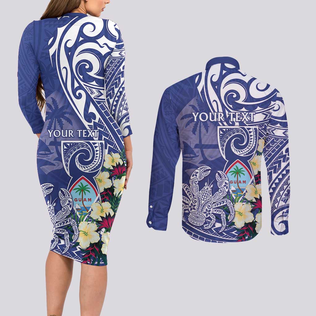 Personalised Hafa Adai Guam Couples Matching Long Sleeve Bodycon Dress and Long Sleeve Button Shirt Latte Stone With Coconut Crab LT05 - Polynesian Pride