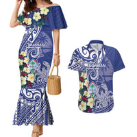 Personalised Hafa Adai Guam Couples Matching Mermaid Dress and Hawaiian Shirt Latte Stone With Coconut Crab LT05 Blue - Polynesian Pride