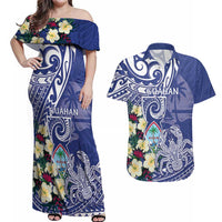 Personalised Hafa Adai Guam Couples Matching Off Shoulder Maxi Dress and Hawaiian Shirt Latte Stone With Coconut Crab