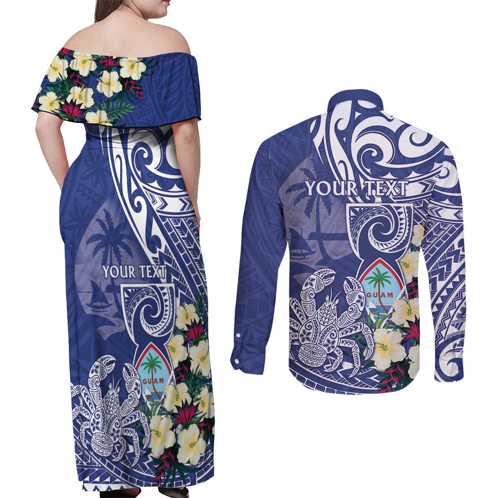 Personalised Hafa Adai Guam Couples Matching Off Shoulder Maxi Dress and Long Sleeve Button Shirt Latte Stone With Coconut Crab