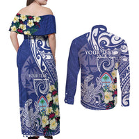 Personalised Hafa Adai Guam Couples Matching Off Shoulder Maxi Dress and Long Sleeve Button Shirt Latte Stone With Coconut Crab