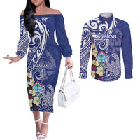 Personalised Hafa Adai Guam Couples Matching Off The Shoulder Long Sleeve Dress and Long Sleeve Button Shirt Latte Stone With Coconut Crab LT05 Blue - Polynesian Pride