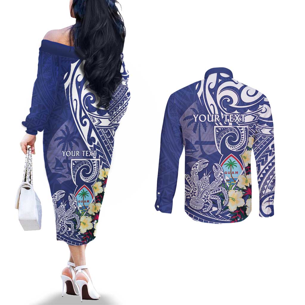 Personalised Hafa Adai Guam Couples Matching Off The Shoulder Long Sleeve Dress and Long Sleeve Button Shirt Latte Stone With Coconut Crab LT05 - Polynesian Pride