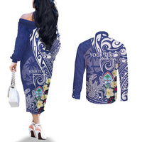 Personalised Hafa Adai Guam Couples Matching Off The Shoulder Long Sleeve Dress and Long Sleeve Button Shirt Latte Stone With Coconut Crab LT05 - Polynesian Pride