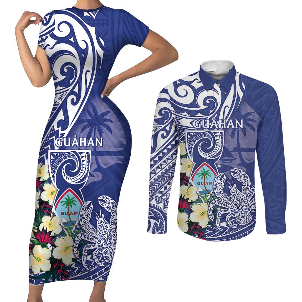 Personalised Hafa Adai Guam Couples Matching Short Sleeve Bodycon Dress and Long Sleeve Button Shirt Latte Stone With Coconut Crab LT05 Blue - Polynesian Pride