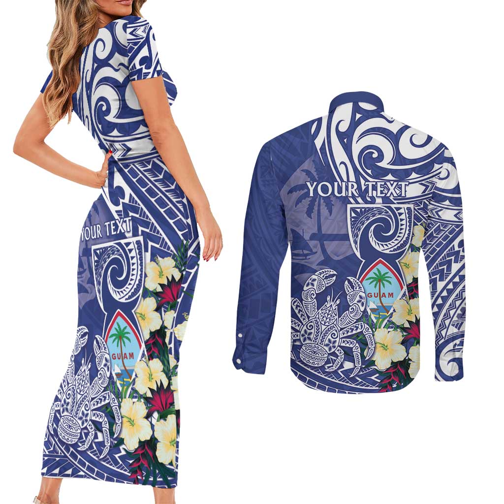 Personalised Hafa Adai Guam Couples Matching Short Sleeve Bodycon Dress and Long Sleeve Button Shirt Latte Stone With Coconut Crab LT05 - Polynesian Pride