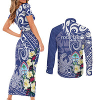 Personalised Hafa Adai Guam Couples Matching Short Sleeve Bodycon Dress and Long Sleeve Button Shirt Latte Stone With Coconut Crab LT05 - Polynesian Pride
