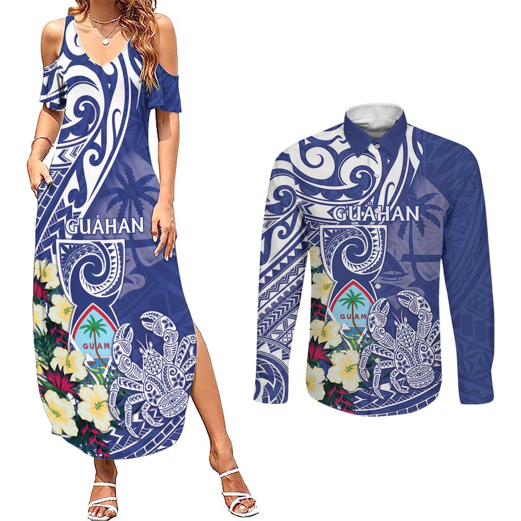 Personalised Hafa Adai Guam Couples Matching Summer Maxi Dress and Long Sleeve Button Shirt Latte Stone With Coconut Crab