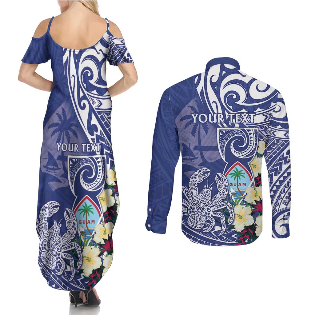 Personalised Hafa Adai Guam Couples Matching Summer Maxi Dress and Long Sleeve Button Shirt Latte Stone With Coconut Crab