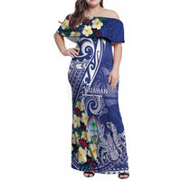 Personalised Hafa Adai Guam Family Matching Off Shoulder Maxi Dress and Hawaiian Shirt Latte Stone With Coconut Crab LT05 Mom's Dress Blue - Polynesian Pride