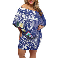 Personalised Hafa Adai Guam Family Matching Off Shoulder Short Dress and Hawaiian Shirt Latte Stone With Coconut Crab LT05 Mom's Dress Blue - Polynesian Pride