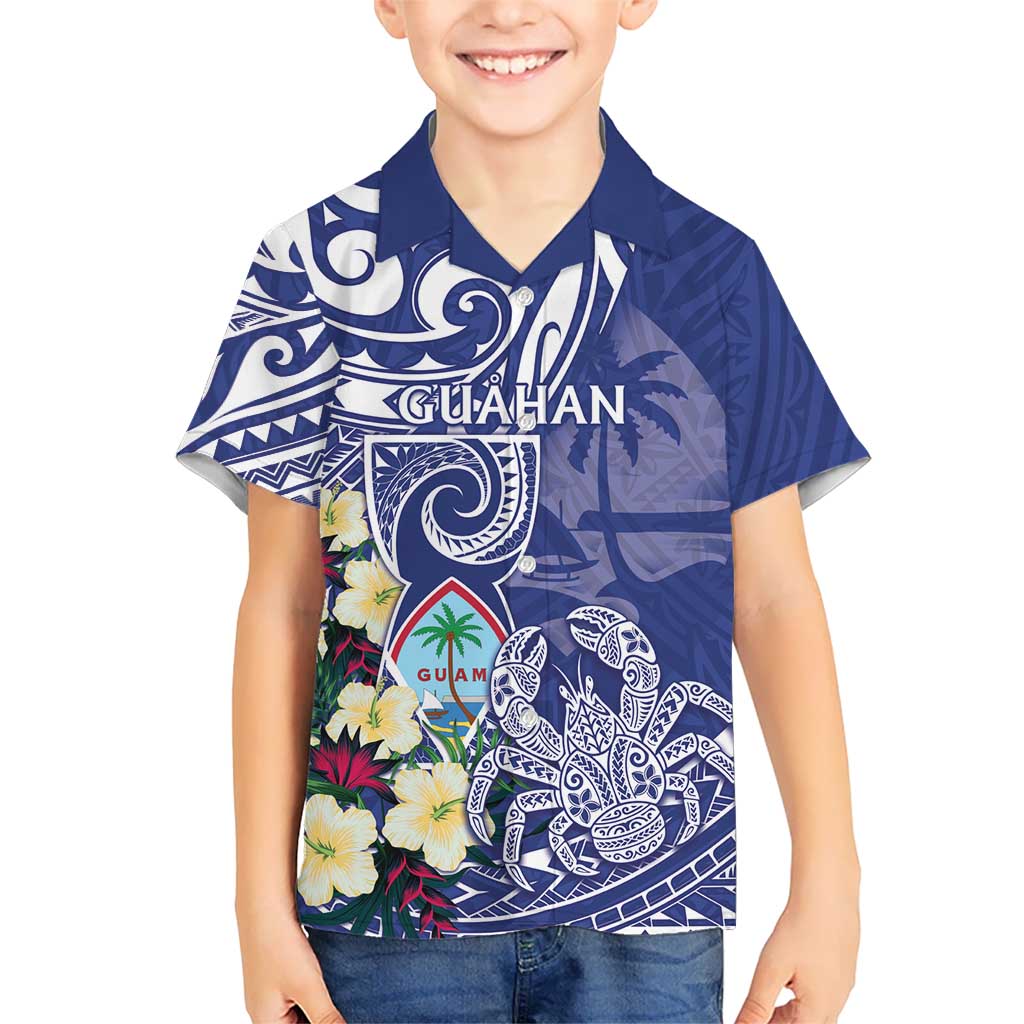 Personalised Hafa Adai Guam Family Matching Off Shoulder Short Dress and Hawaiian Shirt Latte Stone With Coconut Crab LT05 Son's Shirt Blue - Polynesian Pride