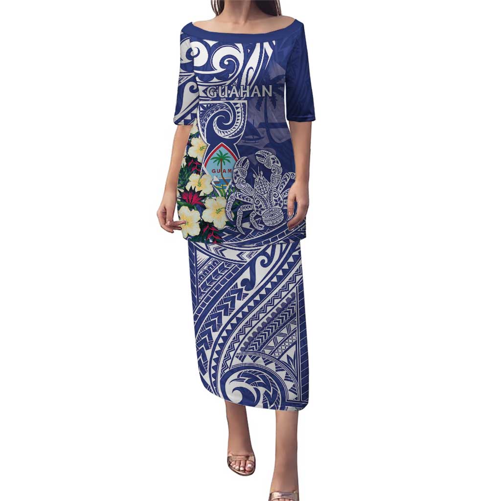 Personalised Hafa Adai Guam Family Matching Puletasi and Hawaiian Shirt Latte Stone With Coconut Crab LT05 Mom's Dress Blue - Polynesian Pride