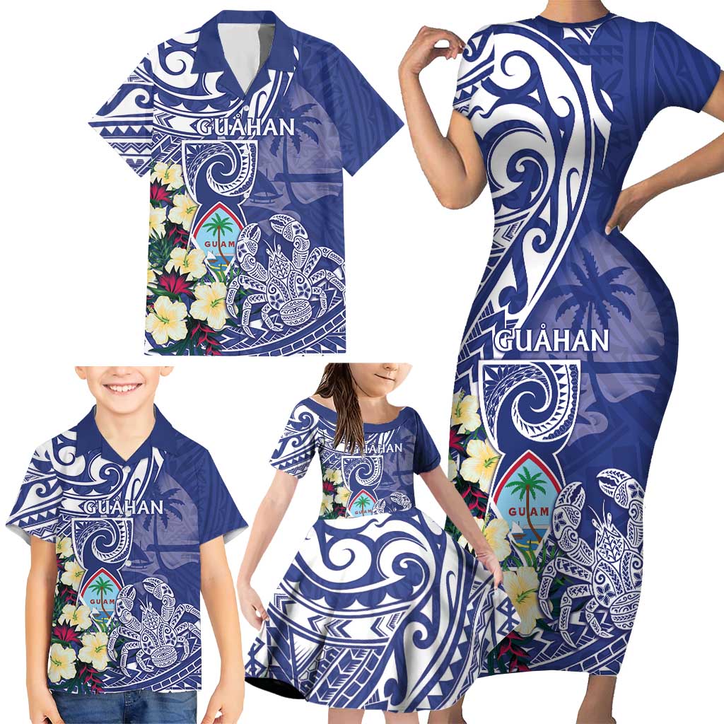 Personalised Hafa Adai Guam Family Matching Short Sleeve Bodycon Dress and Hawaiian Shirt Latte Stone With Coconut Crab