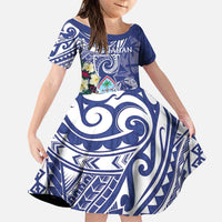 Personalised Hafa Adai Guam Family Matching Summer Maxi Dress and Hawaiian Shirt Latte Stone With Coconut Crab LT05 Daughter's Dress Blue - Polynesian Pride