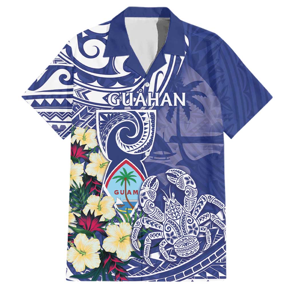 Personalised Hafa Adai Guam Family Matching Summer Maxi Dress and Hawaiian Shirt Latte Stone With Coconut Crab LT05 Dad's Shirt - Short Sleeve Blue - Polynesian Pride