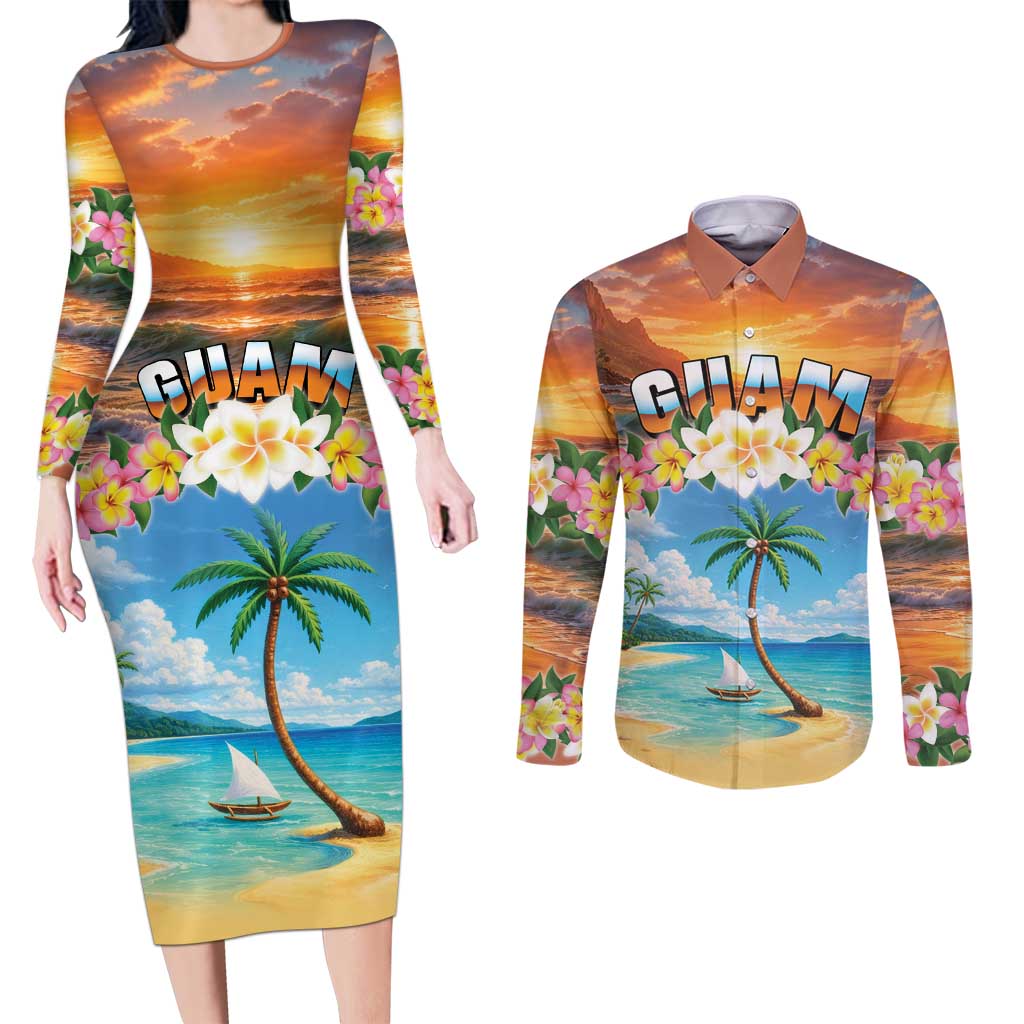 Guam Couples Matching Long Sleeve Bodycon Dress and Long Sleeve Button Shirt Eternal Summer Sunset Beach