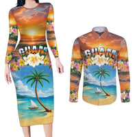 Guam Couples Matching Long Sleeve Bodycon Dress and Long Sleeve Button Shirt Eternal Summer Sunset Beach