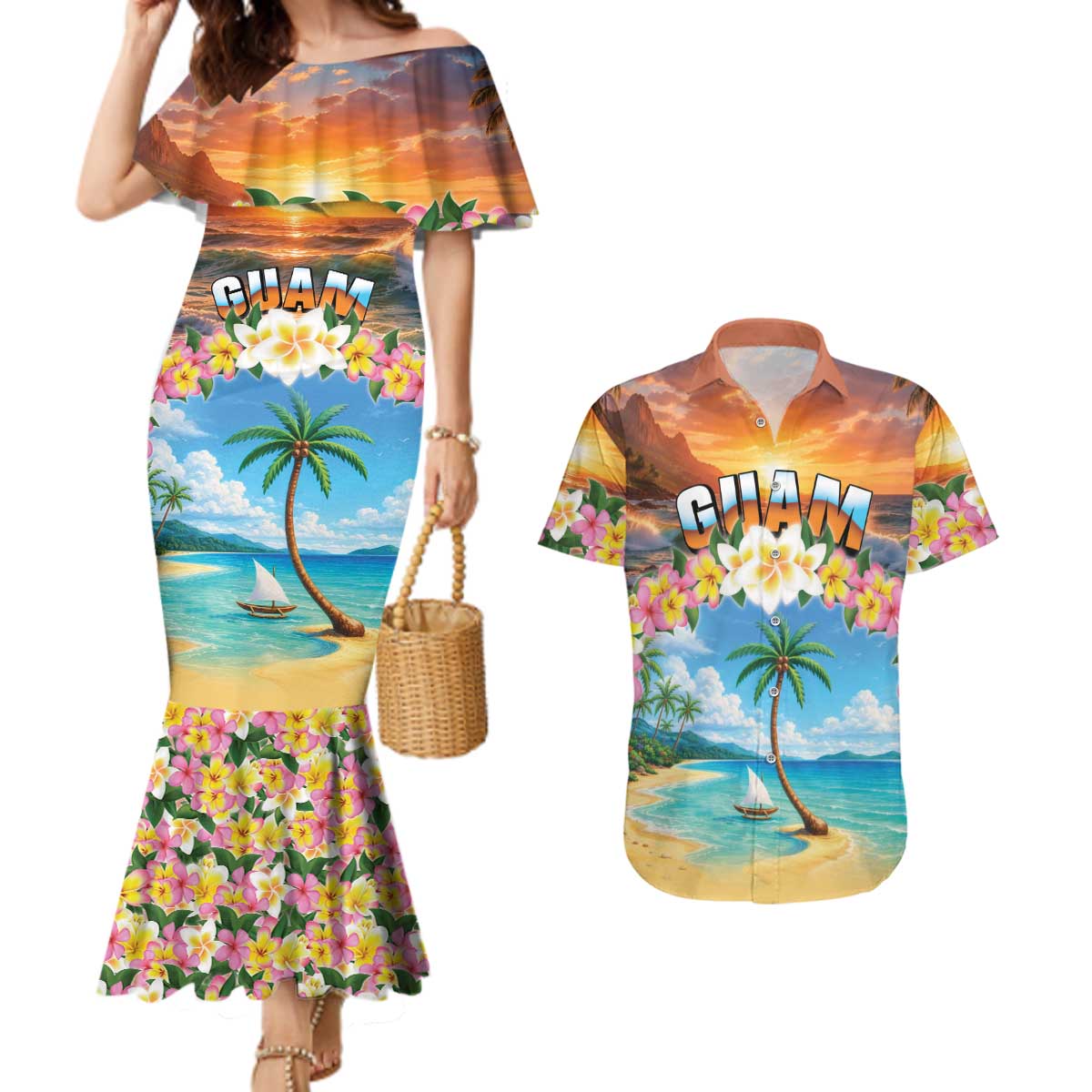 Guam Couples Matching Mermaid Dress and Hawaiian Shirt Eternal Summer Sunset Beach