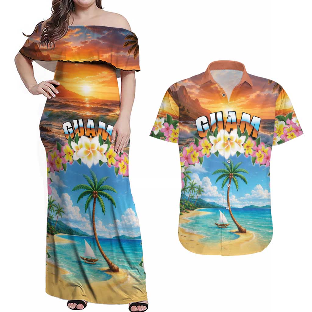 Guam Couples Matching Off Shoulder Maxi Dress and Hawaiian Shirt Eternal Summer Sunset Beach
