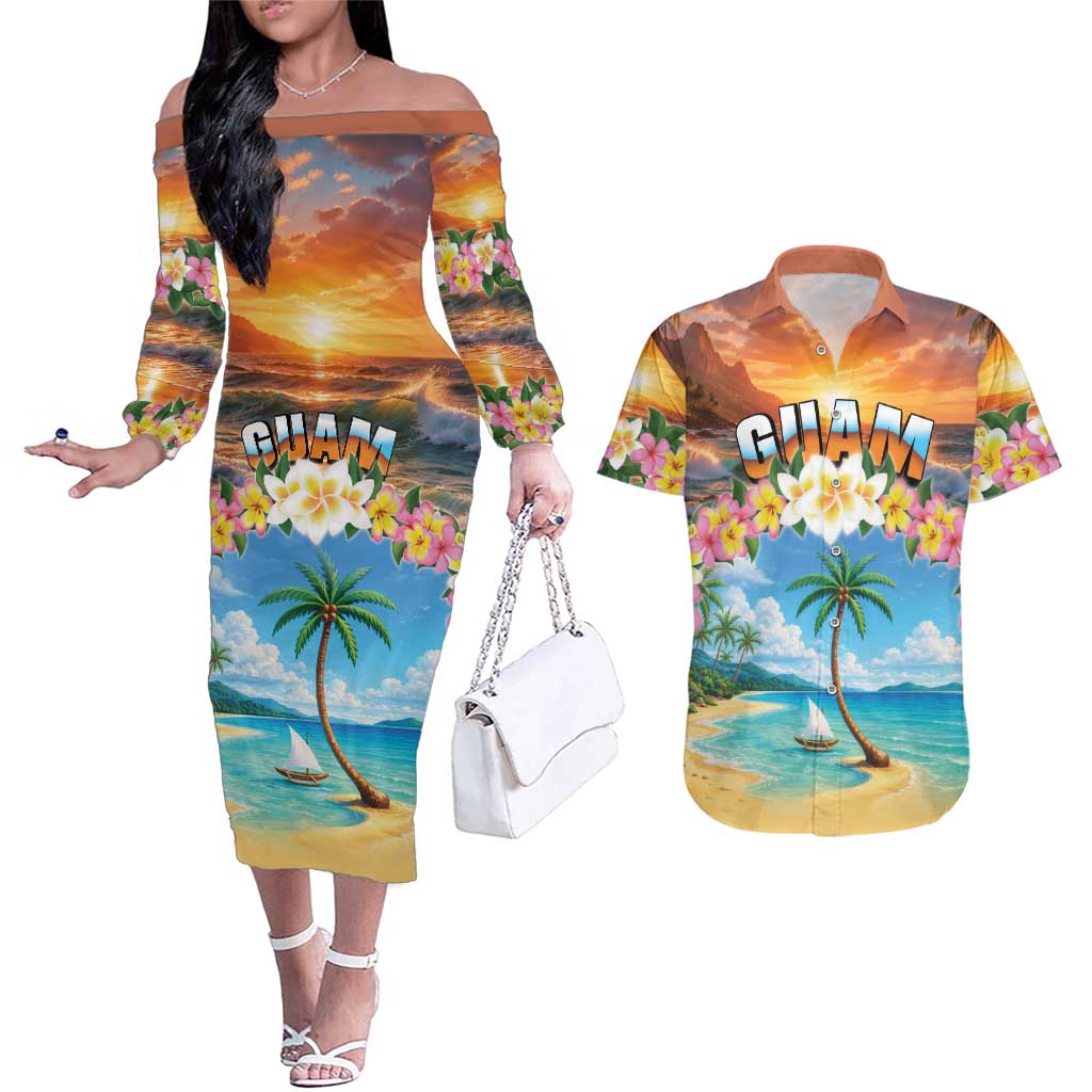 Guam Couples Matching Off The Shoulder Long Sleeve Dress and Hawaiian Shirt Eternal Summer Sunset Beach LT05 Colorful - Polynesian Pride