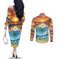 Guam Couples Matching Off The Shoulder Long Sleeve Dress and Long Sleeve Button Shirt Eternal Summer Sunset Beach