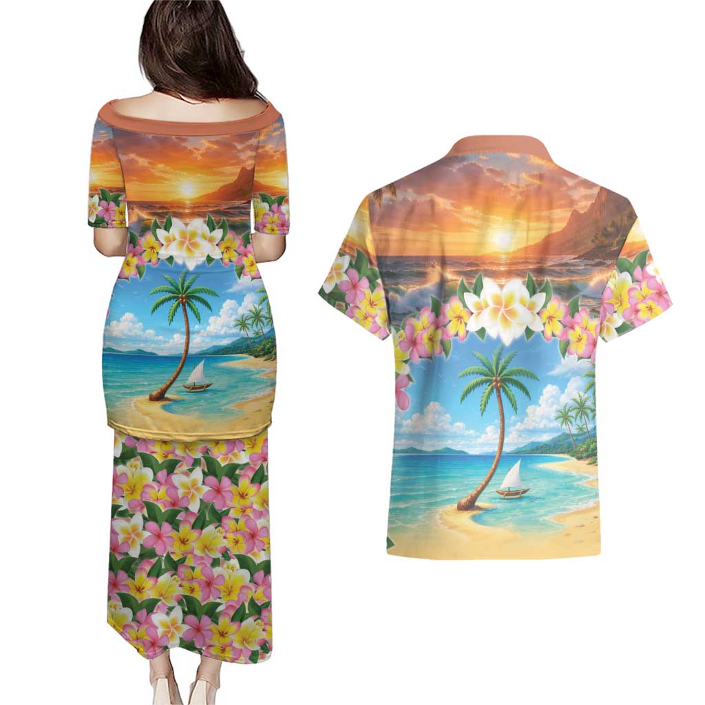 Guam Couples Matching Puletasi and Hawaiian Shirt Eternal Summer Sunset Beach