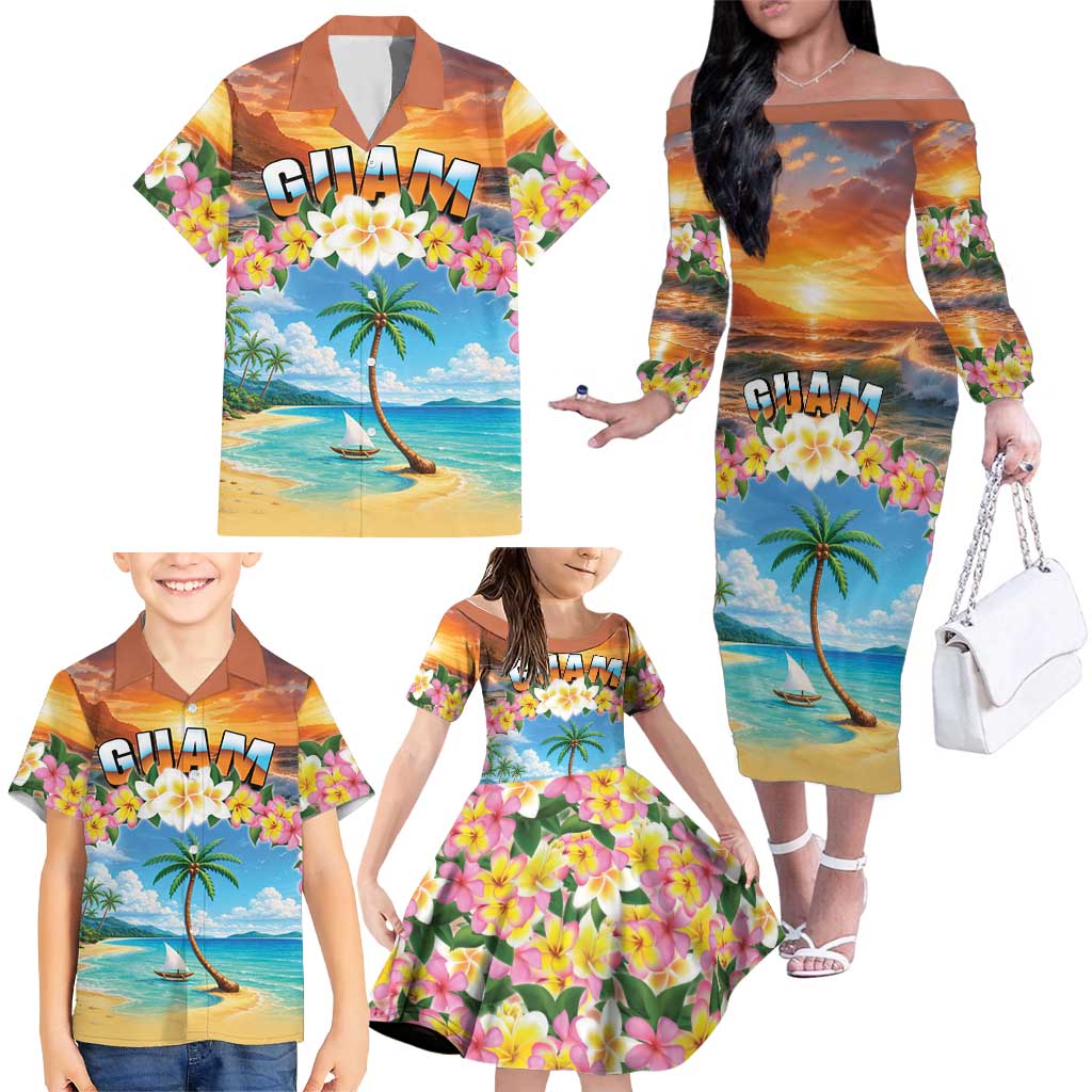 Guam Family Matching Off The Shoulder Long Sleeve Dress and Hawaiian Shirt Eternal Summer Sunset Beach LT05 - Polynesian Pride
